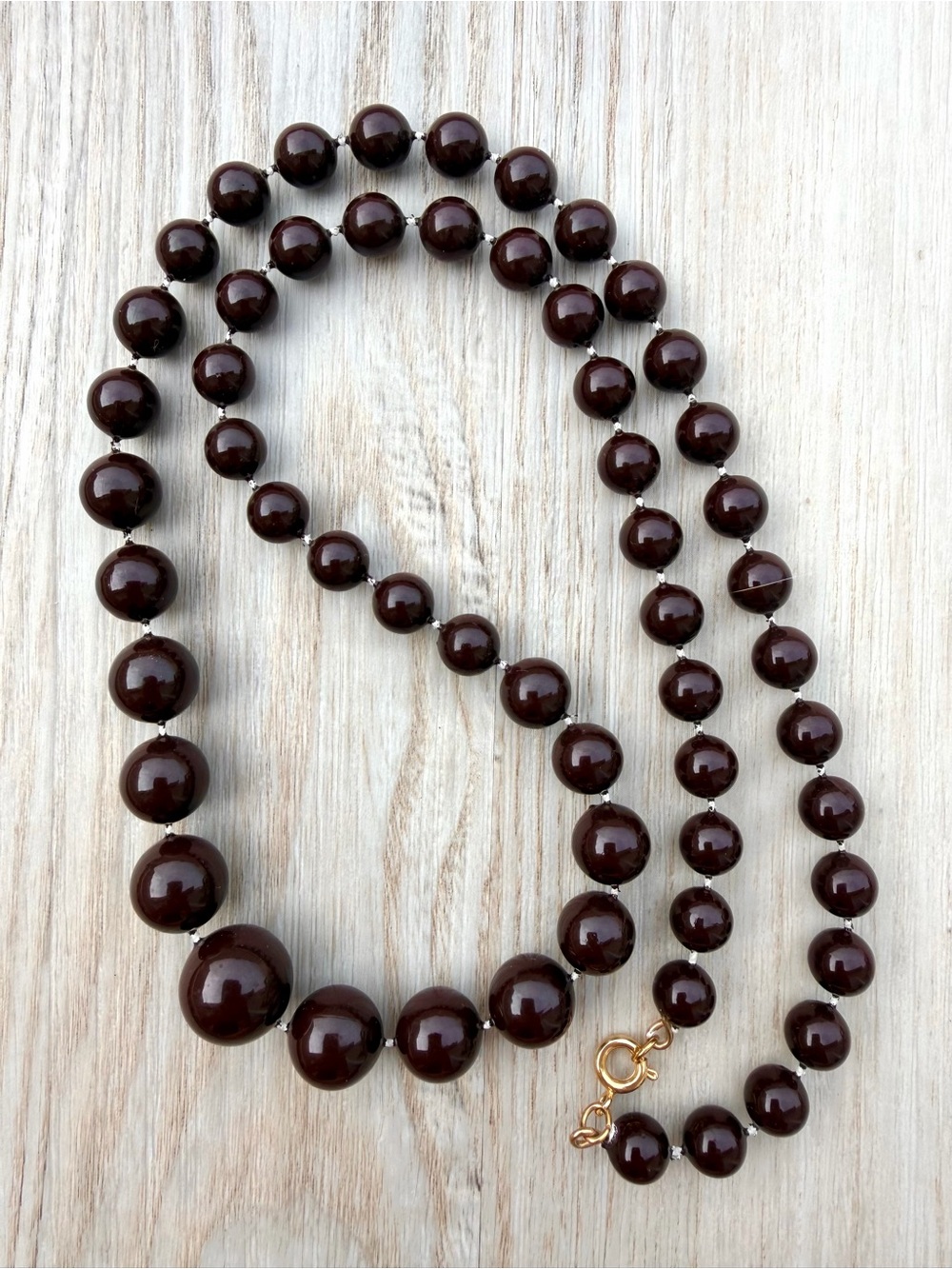 Vintage Dark Brown Bead Necklace Round Graduated Knotted Strand